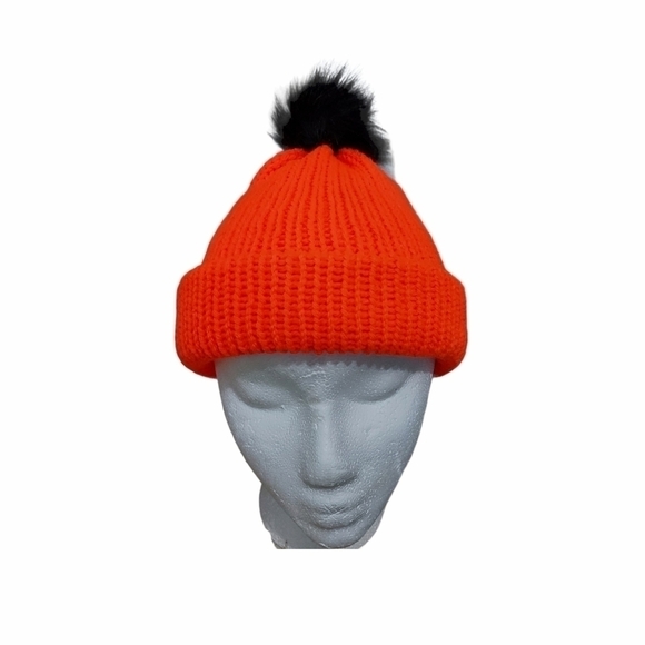 Hand Knit Neon Orange Beanie with Faux Fur Pom Pom - Picture 4 of 6